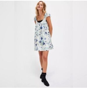 Free People Wildflower Printer Floral Blue and White Mini Dress Size S Cottage